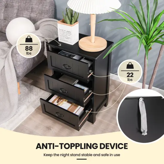 3 Drawers End Storage Wood Side Nightstand Black {1}