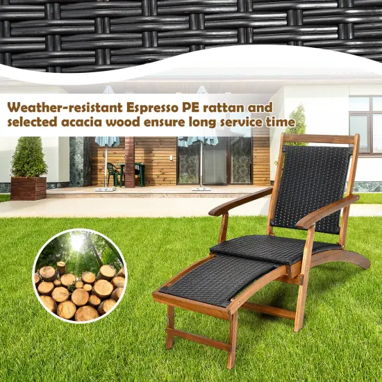 CostwayPatio Folding Rattan Lounge Chair Wooden Frame W/ Retractable Footrest {6}