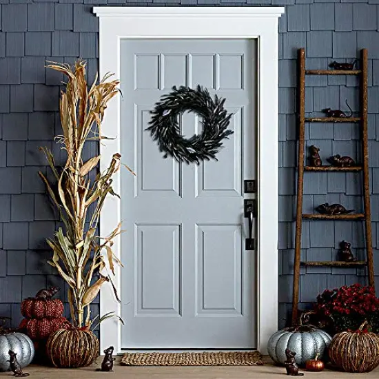 Black Feather Wreath Halloween Wreath 14.9'' Black Natural Cocktail Feather Wreath, Halloween Photo Props, Front Door Decor Witch Spooky Scene Halloween Party Decorations {4}