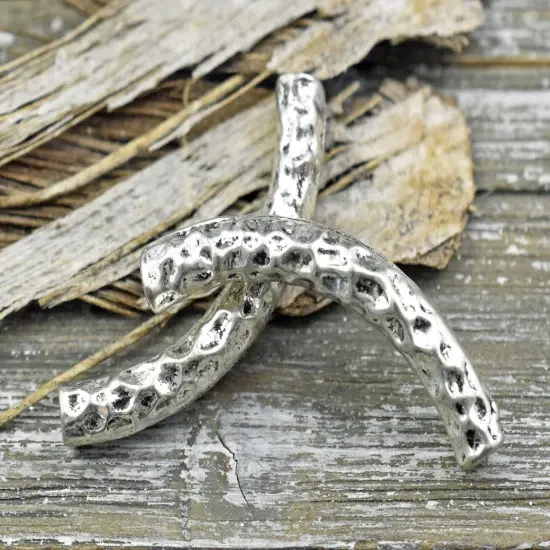 *6* 42x6mm Antique Silver Hammered Curved Beads {5}