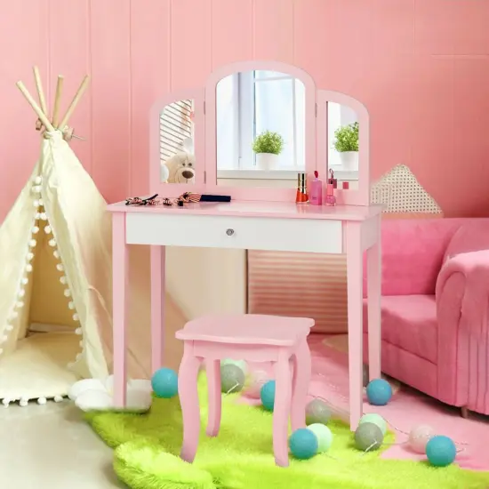 Kids Princess Make Up Dressing Table with Tri-folding Mirror and Chair Pink {6}