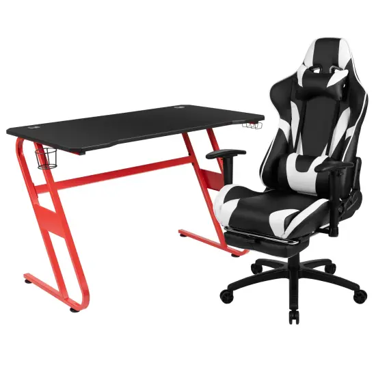 Emma and Oliver Desk Bundle-Gaming Desk, Cup Holder, Headphone Hook and Reclining Chair Black {1}