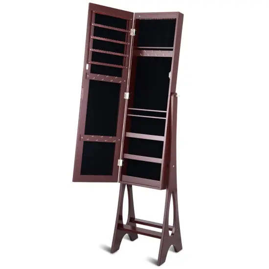 Freestanding Jewelry Cabinet Armoire Organizer with Bevel Edge Mirror Brown {2}