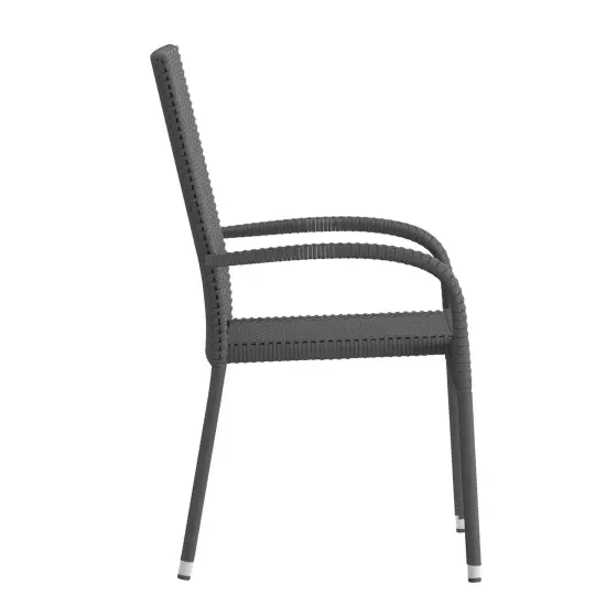 Merrick Lane Set of Mathias Indoor/Outdoor Black Wicker Patio Chairs with Powder Coated Steel Frame, Comfortably Curved Back and Arms Gray {5}