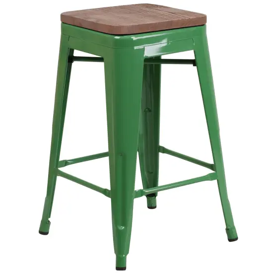 Merrick Lane Dalton Series Backless Metal Dining Stool with Wooden Seat for Indoor Use Green {2}