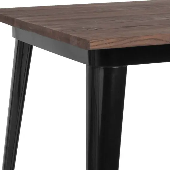 Merrick Lane Modern 31.5" Square Metal Table with Rustic Wood Top for Indoor Use Black {5}