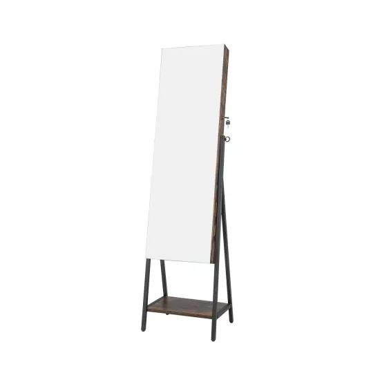 Freestanding Full-Length Mirror Jewelry Cabinet with Metal Tube Frame and 3 Color LED Lighting Rustic Brown {1}