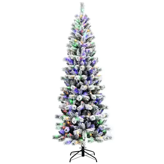 Costway 7.5FT Pre-Lit Hinged Christmas Tree Snow Flocked w/9 Modes Remote Control Lights {1}