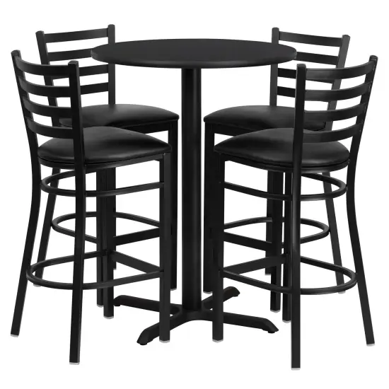 Emma and Oliver 30" Round Laminate Table Set with X-Base and 4 Ladder Back Stools BlackTop/BlackVinyl {1}