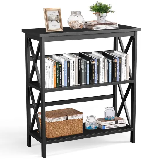 Costway Wooden Shelf Bookcase 3-Tier Open Bookshelf W/X-Design Freestanding Rack BlackBrownNaturalWhite {1}