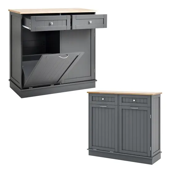 Rubber Wood Kitchen Trash Cabinet with Single Trash Can Holder and Adjustable Shelf Grey {4}