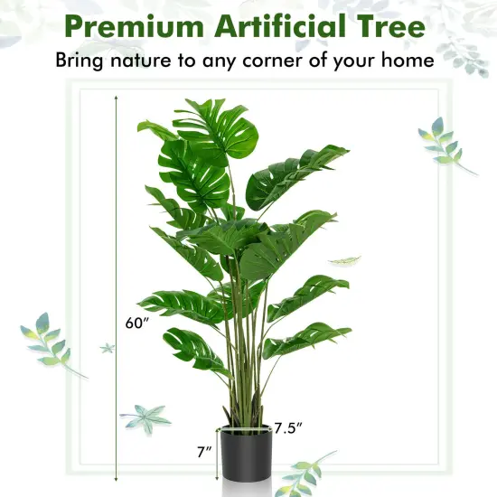 Green PEVA Plastic Monstera Artificial Tree 60 Inch with Cement Pot Set of 2 for Home and Office Decor {3}