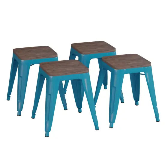 Emma and Oliver Set of Four Table Height Backless Stacking Welded Iron Stools with Wooden Seats and Under Seat Bracing for Indoor Use Teal {1}