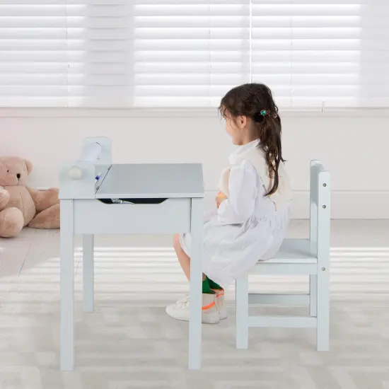 Wooden Kids Table and Chair Set with Storage and Paper Roll Holder Grey {3}