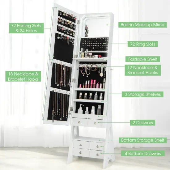 Freestanding Full Length LED Mirrored Jewelry Armoire with 6 Drawers-White {3}