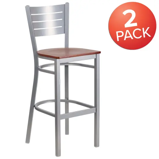 Emma and Oliver 2 Pack Silver Slat Back Metal Restaurant Barstool CherryWood/Silver {5}
