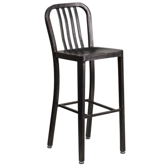 Merrick Lane Santorini 30 Inch Galvanized Steel Indoor/Outdoor Counter Bar Stool With Slatted Back And Powder Coated Finish Black-Antique Gold {1}