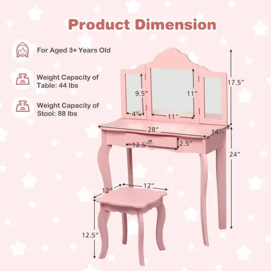 Kids Makeup Dressing Mirror Vanity Table Stool Set Pink {5}