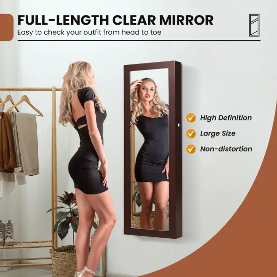 Lockable Wall Mount Mirrored Jewelry Cabinet with LED Lights Brown {5}