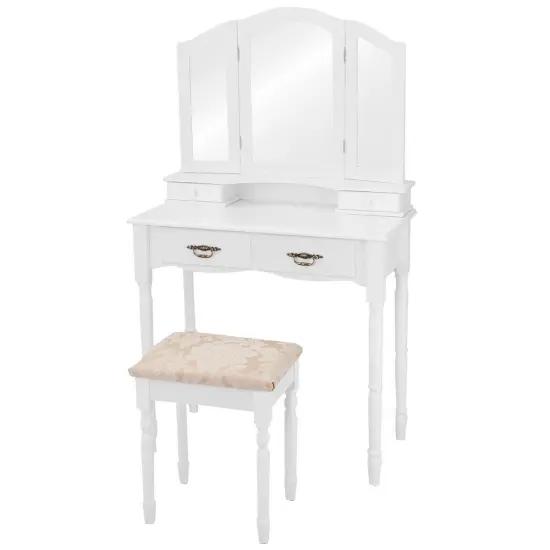 Simple Vanity Set with Tri-Folding Mirror Drawers and Storage Shelf White {1}