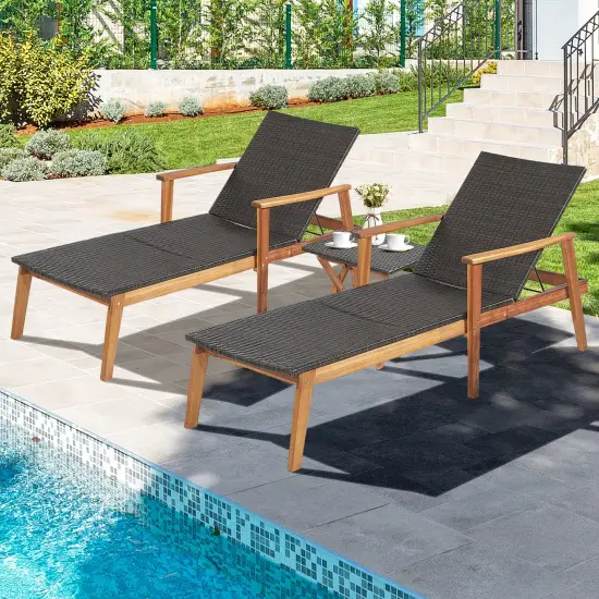 Costway 2PCS&nbsp;Patio&nbsp;Rattan&nbsp;Lounge&nbsp;Chair&nbsp;Chaise Recliner Wood Back Adjust W/Folding&nbsp;Table {3}