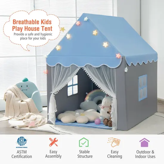 Kids Playhouse Tent with Star Lights and Mat Perfect for Birthday Gift Blue {6}