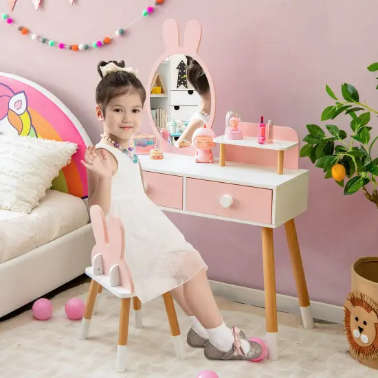 Kids Vanity Table and Chair Set with Drawer Shelf and Rabbit Mirror Pink {2}