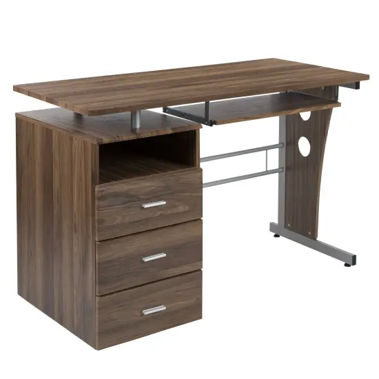 Emma and Oliver Desk with Three Drawer Single Pedestal and Pull-Out Keyboard Tray Rustic Walnut {1}