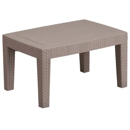 Merrick Lane Malmok Outdoor Coffee Table Faux Rattan Wicker Pattern Resin All-Weather Patio Coffee Table With Wood Plank Top Design Light Gray {1}