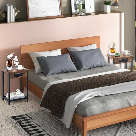 2 Pieces Bedside Nightstand Set with Open Shelf and Charging Station-Rustic Brown {6}