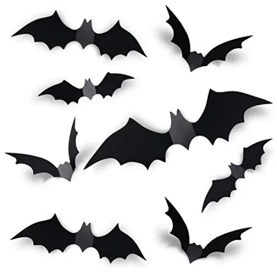 Coogam 60PCS Halloween Bats Decoration, 4 Different Sizes Realistic PVC Black 3D Scary Bat Sticker for Home Decor DIY Wall Decal Bathroom Indoor Hallowmas Party Supplies {1}