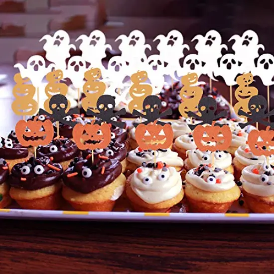 75 Pieces Halloween Cupcake Topper Picks Halloween Pumpkin Bat Spider Web Skull White Ghost Cupcake Decorations for Halloween Birthday Party favor Supplies {5}