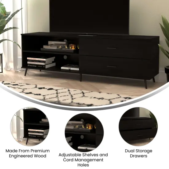 Merrick Lane Erikson Mid-Century Modern TV Stand with Adjustable Shelves and Two Drawers Black {2}