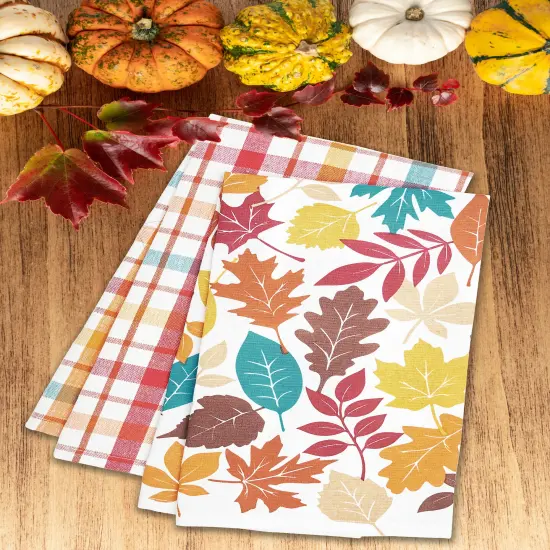 Fall Leaves & Plaid Printed Woven Kitchen Dishtowels Set of 2 {6}