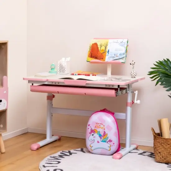 Height-Adjustable Kids Desk with Tilt Desktop and Book Stand-Pink {1}