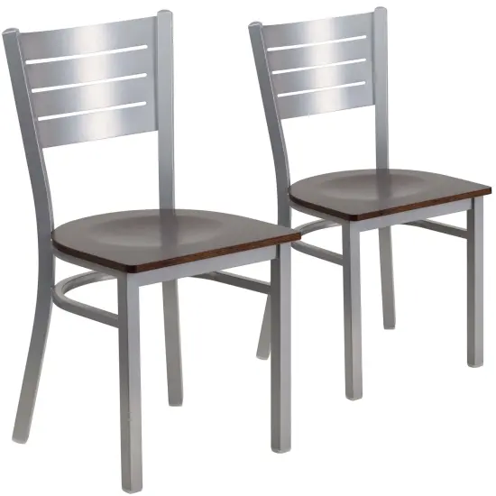 Emma and Oliver 2 Pack Silver Slat Back Metal Restaurant Chair WalnutSeat/Silver {1}
