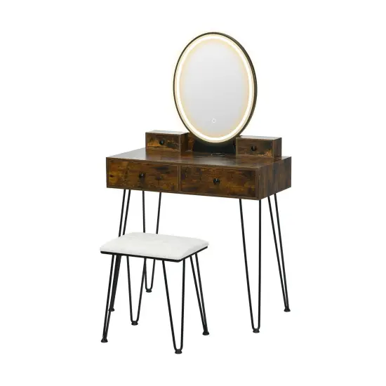 Vanity Table Set with 3-Color Lighted Dimmable Mirror-Brown {2}
