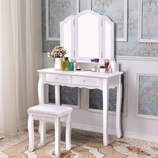 Tri Folding Mirror Vanity Table Stool Set with 4 Drawers and Cushioned Stool White {1}