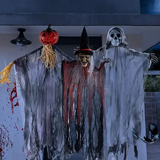 JOYIN 3 Pack 35" Hanging Ghost Halloween Decorations,Grim Reapers Hanging Witch for Halloween Outdoor Decorations(One Grim Reaper,One Hanging Witch,and One Hanging Reapers) {3}