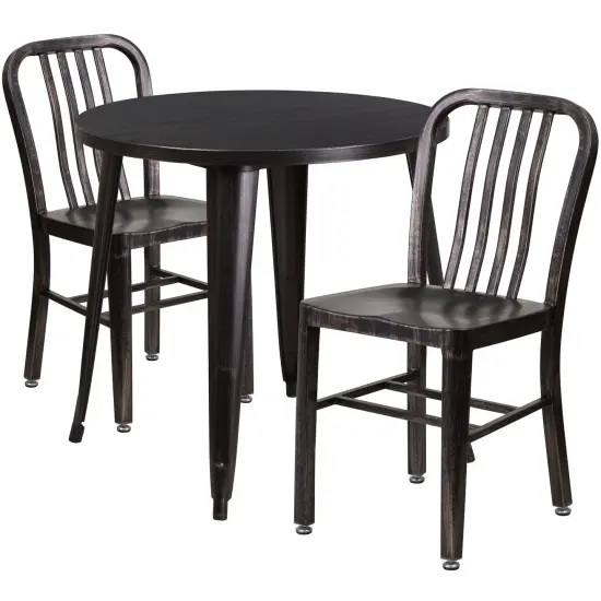Emma and Oliver Commercial Grade 30" Round Metal Indoor-Outdoor Table Set & 2 Slat Back Chairs Black-Antique Gold {1}