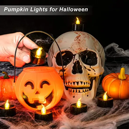 Black Candles, 24-Pack Tea Lights Battery Operated, Flameless Fake Candles Flickering, Halloween LED Candles Tea Lights for Fall Holiday Decor, Theme Party, 1.4" D X 1.3''H- Warm White Light {3}