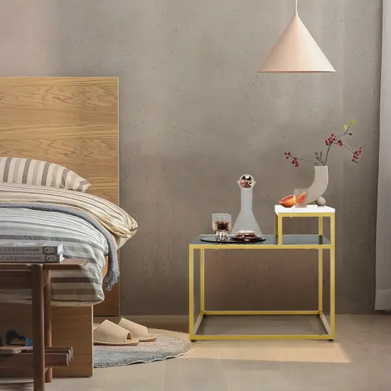 2 Tier End Side Table withMetal Frame and Storage Shelf for Living Room-White {6}