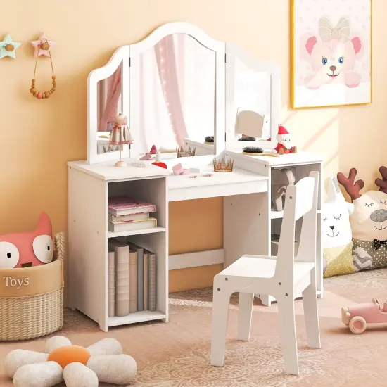 Kids Vanity Table and Chair Set with Removable Tri-Folding Mirror White {6}