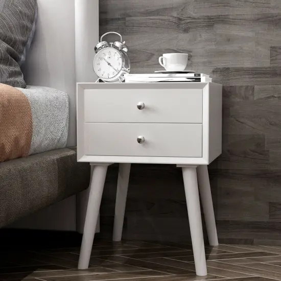 23.5 Inch Nightstand End Side Table with 2 Storage Drawers and Rubber Wood Legs White {2}