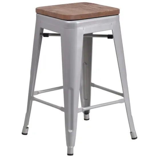 Merrick Lane Dalton Series Backless Metal Dining Stool with Wooden Seat for Indoor Use Silver {2}