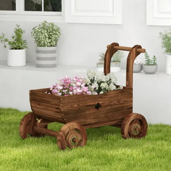 Decorative Wooden Wagon Cart with Handle Wheels and Drainage Hole-Rustic Brown {2}