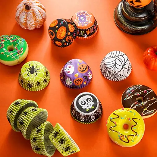 600 Pieces Halloween Cupcake Liners Halloween Pumpkin Colorful Donuts Baking Cups Disposable Paper Cupcake Wrappers Muffin Case Trays Baking Wraps for Halloween Birthday Party() {6}