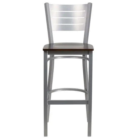 Emma and Oliver 2 Pack Silver Slat Back Metal Restaurant Barstool WalnutWood/Silver {2}