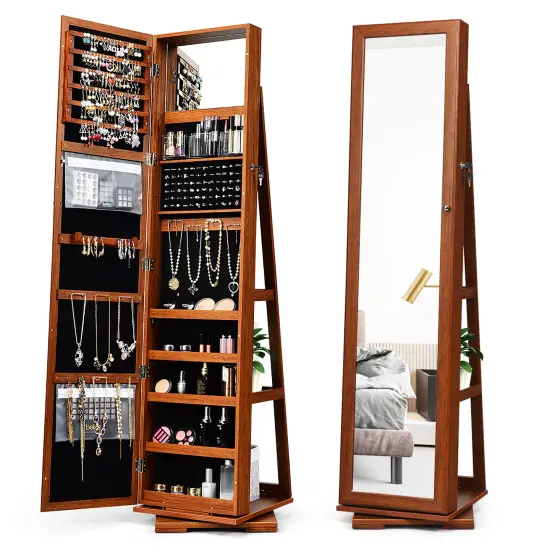360&deg; Rotatable Armoire 2-in-1 Lockable Mirrored Jewelry Cabinet Brown {4}