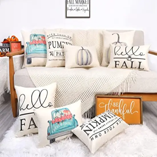 4TH Emotion Fall Decor Pillow Covers 18x18 Set of 4 White Pumpkin Farmhouse Decorations Throw Cushion Case for Fall Thanksgiving Home Decorative Pillows {3}